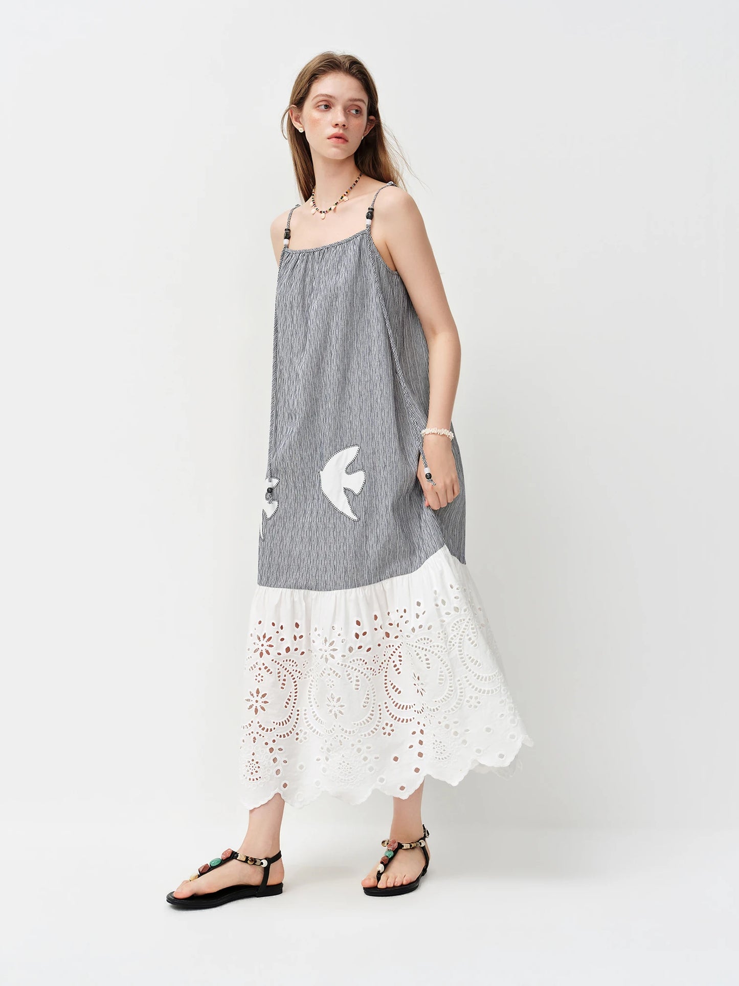 Grey Bird Embroidered Slip Midi Dress