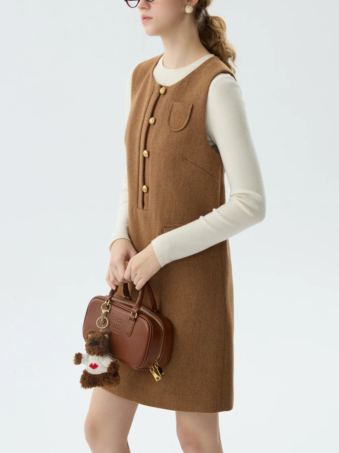 Camel Wool Button Mini Dress