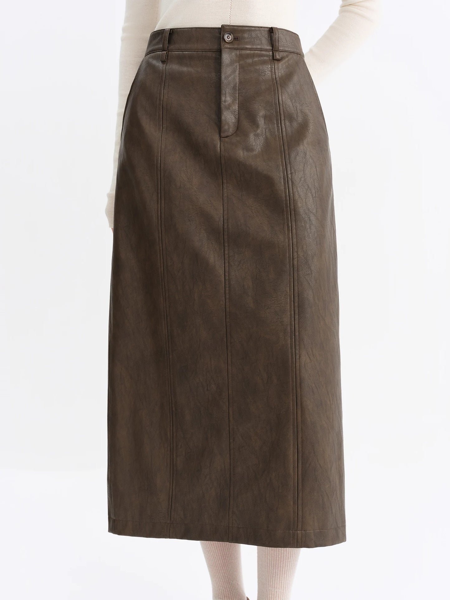 Brown Faux Leather Straight Midi Skirt