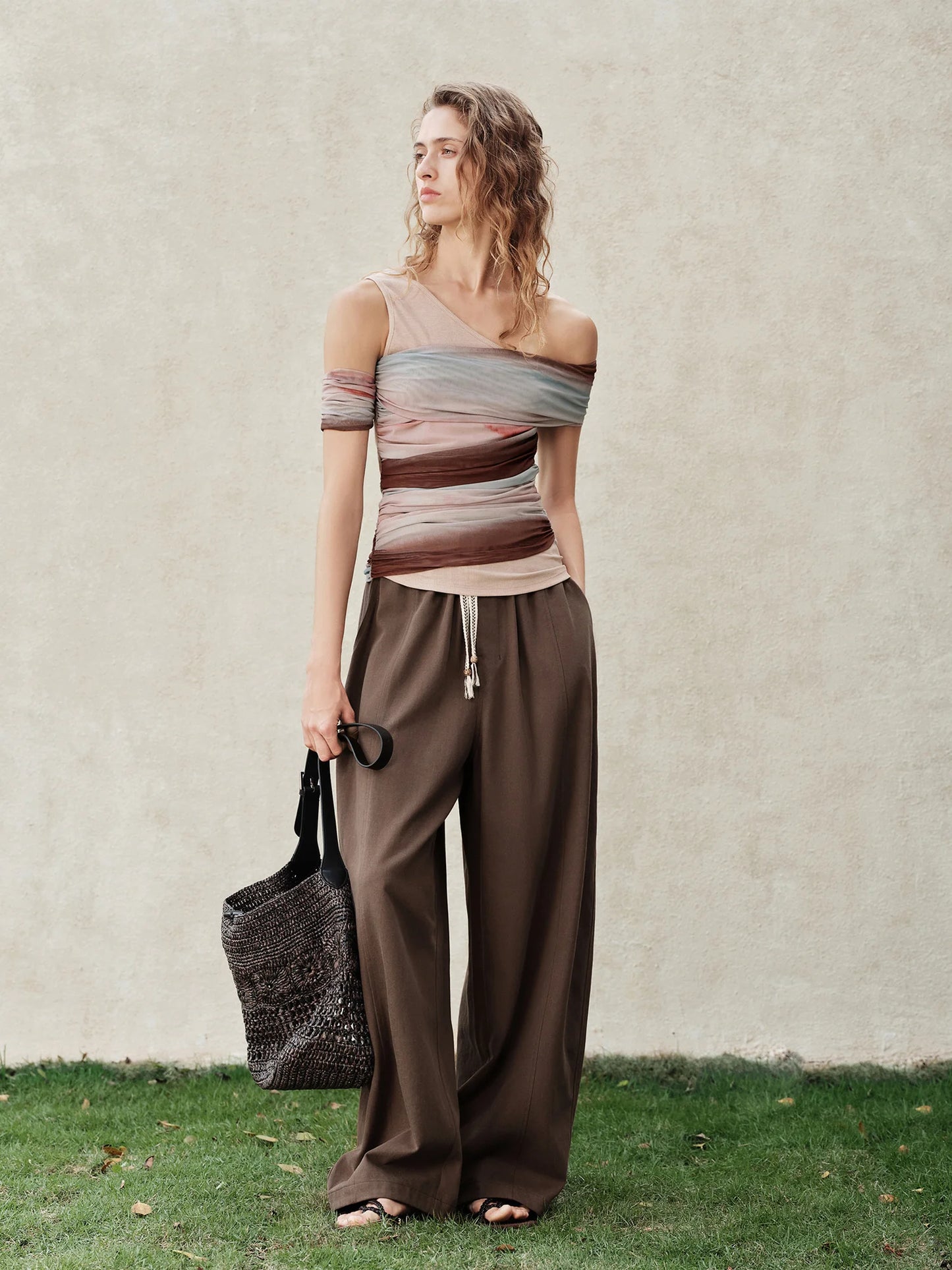 Taupe Asymmetric Striped Mesh Top
