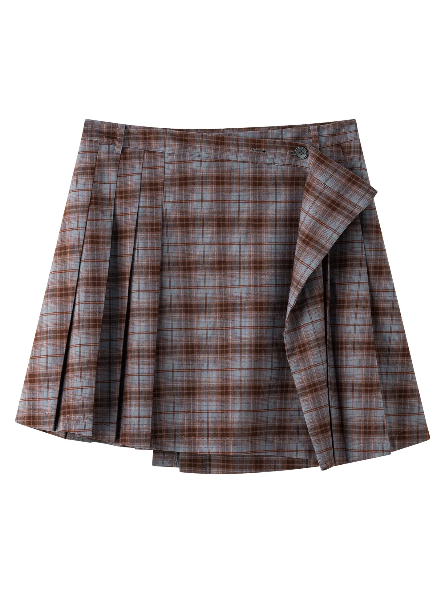 Brown Plaid Asymmetric Pleated Midi Skirt