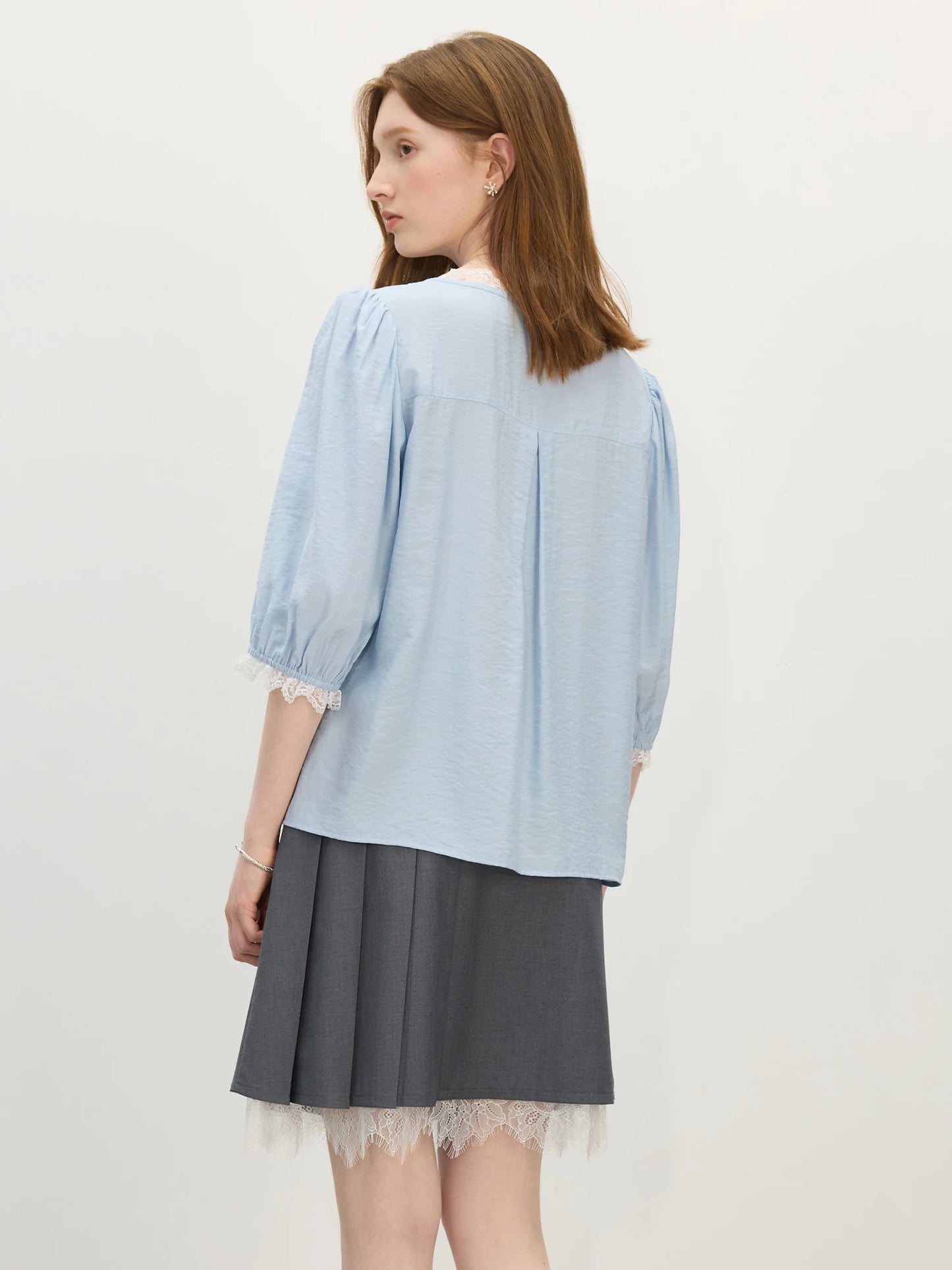 White Lace V Neck Linen Blouse