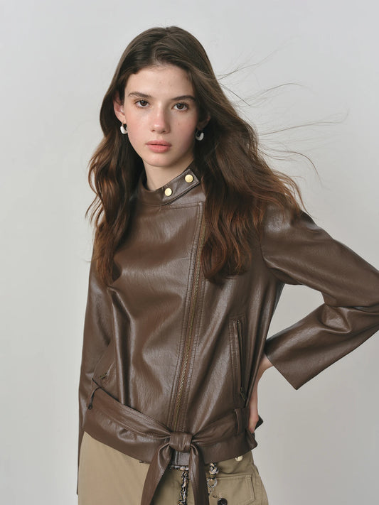 Brown Belted Leather Biker Jacket