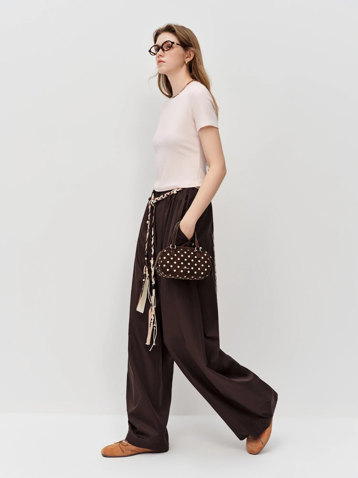 Brown Drawstring Wide Leg Pants