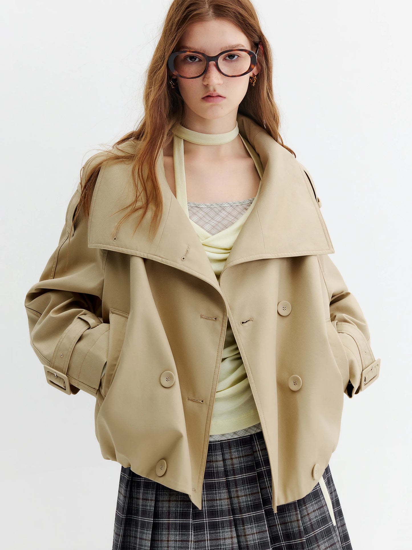 Khaki Double Breasted Cropped Trench Jacket