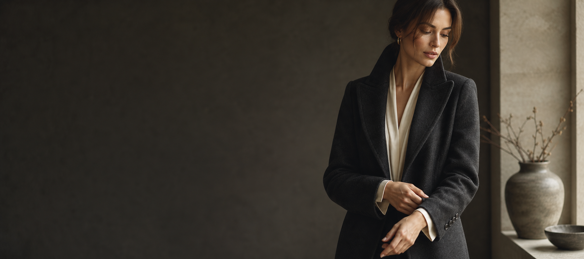 Tailored charcoal coat highlighting thoughtful craftsmanship
